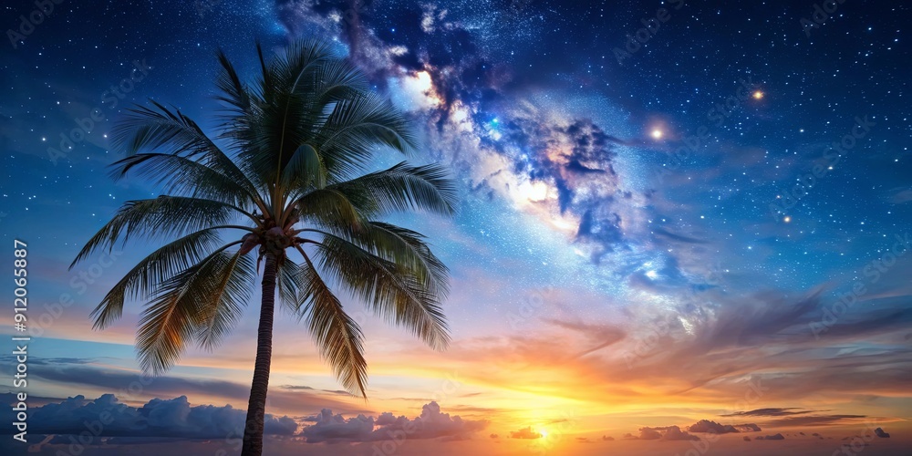 Starry night sky with coconut palm tree in romantic evening twilight , twilight, night sky, stars, coconut palm tree Starry night sky with coconut palm tree in romantic evening twilight , twilight, night sky, stars, coconut palm tree