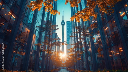 Cityscape with Skyscrapers and Fall Foliage