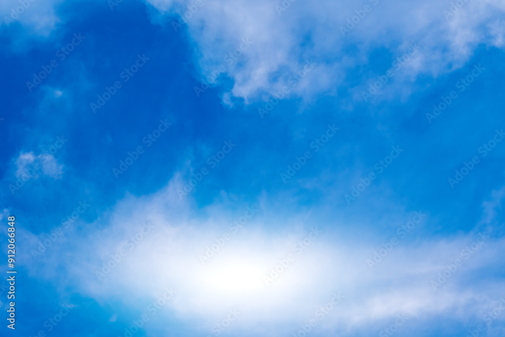 Obraz premium Panorama of cloud clear sky background for summer vacation concept at ocean and summer sea water with sunlight of beautiful cloudy sky. 