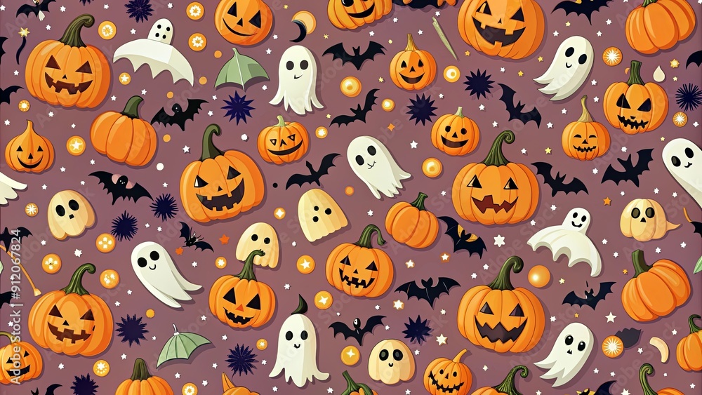 Fototapeta premium Seamless background pattern with Halloween elements like pumpkins, witches, ghosts, and bats, Halloween, seamless, background