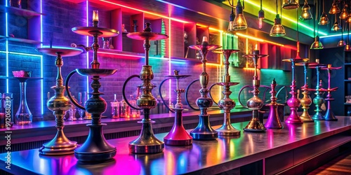 Neon-lit bar with hookah pipes, creating an enchanting oasis for shisha lovers, Neon lights, hookah, oasis, bar photo