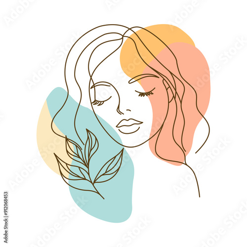 Beautiful Girl with Nature Botanical Foliage Fresh Plant for Natural Beauty Care in Line Art Style