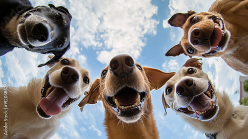 A cute group of dogs taking a selfie on a cell phone camera. Camera on the floor facing the sky.