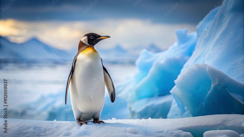 Naklejka premium Penguin in snowy polar regions, penguin, Antarctica, cold, ice, wildlife, cute, bird, arctic, nature, snow, waddle