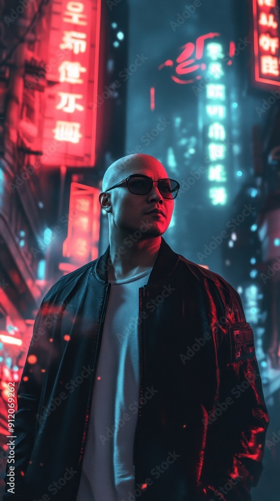 Obraz premium Man with glasses poses boldly amidst neon lights.