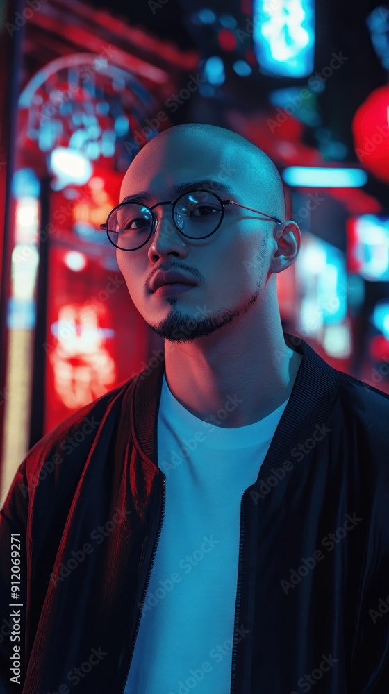 Obraz premium Stylish man with glasses amidst neon urban lights.