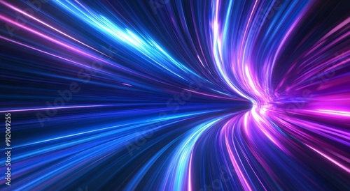 abstract neon light lines in space, purple and blue colors, speed motion effect