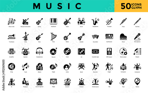 Music icon set with music note, musical instrument, guitar, keyboard, violin, drum, saxophone, trumpet, flute, clarinet icon. Simple glyph vector 
