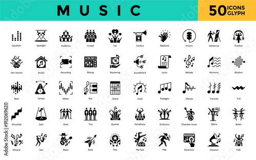 Music icon set with equalizer, spotlight, audience, crowd, fan, fanfare, applause, encore, rehearsal, practice icon. Simple glyph vector 
