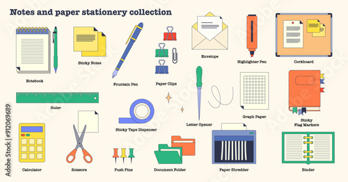 Notes and office paper stationery elements in neubrutalism collection set. Labeled elements with office tools and materials for study or work vector illustration. Sticky notes, binders and folders.