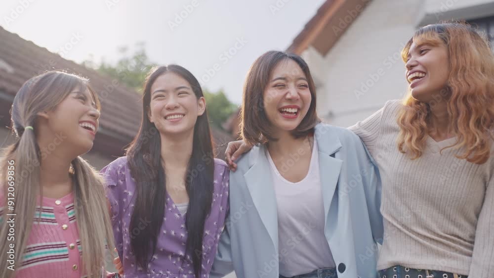 Group of women friends standing together outdoors in front of a house. 