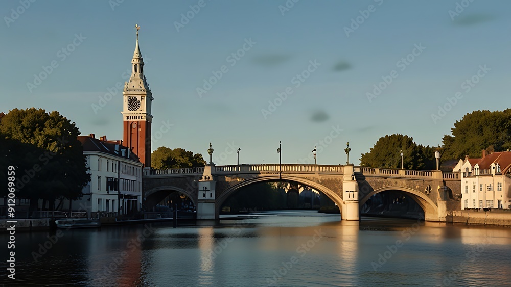 a bridge over water with a clock tower,Pisa, Italy - July 12, 2023: Praetorian Palace. Clock tower. Middle Bridge over the Arno River. Summer morning a bridge over water with a clock tower,Pisa, Italy - July 12, 2023: Praetorian Palace. Clock tower. Middle Bridge over the Arno River. Summer morning