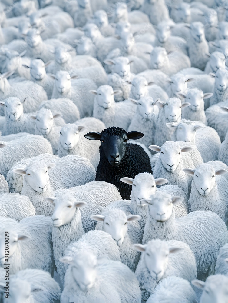 Fototapeta premium Flock of Sheep in Snowy Winter Pasture