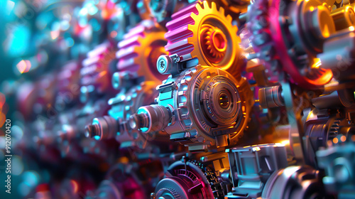 Magnificent 3D machinery with vivid hues in a detailed and aesthetically pleasing arrangement, side view, representing the artistry of engines, digital tone, Analogous Color Scheme