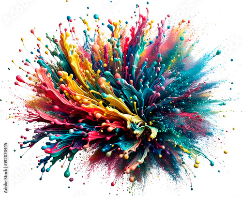 Colorful powder particles burst on a white background