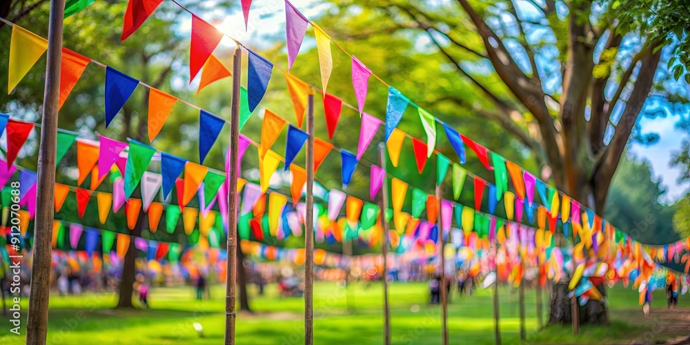 Colorful triangular festival flags waving in the park with blurred background, festive, celebration, colorful, flags Colorful triangular festival flags waving in the park with blurred background, festive, celebration, colorful, flags