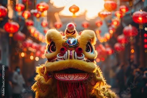 Chinese New Year Lion Dance Performs Under Red Lanterns for Good Luck