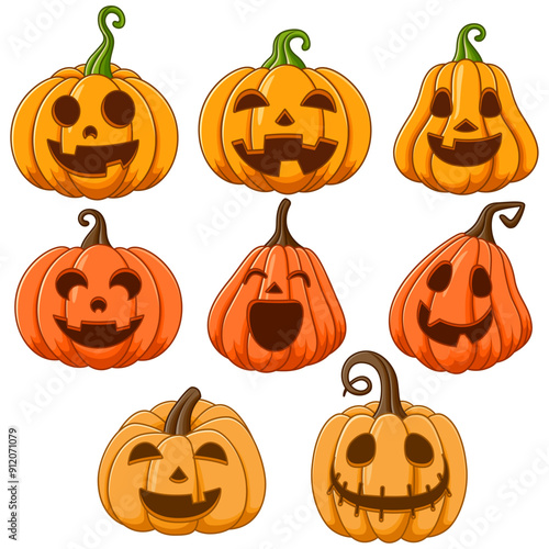 Eight carved pumpkins with various expressions, perfect for Halloween designs, seasonal decorations, greeting cards, and social media posts. Vector illustration