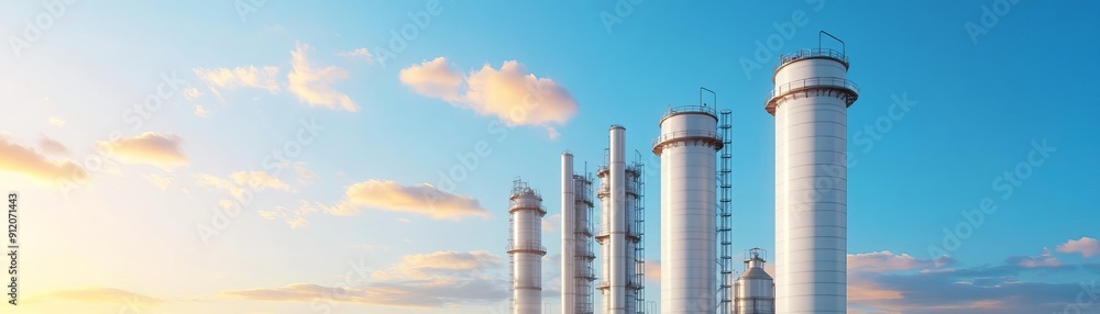 Obraz premium Oil processing, large distillation towers, 3D Style illustration