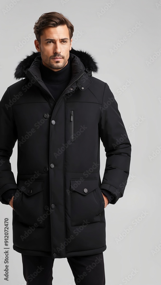 man in black winter coat on white plain background pictorial model shoot portrait man in black winter coat on white plain background pictorial model shoot portrait