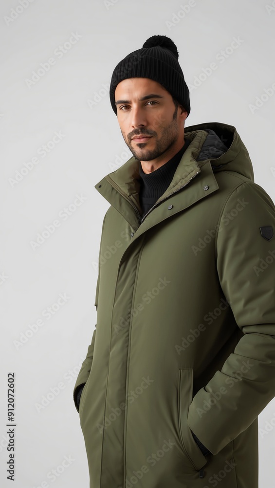 man in green winter coat on white plain background pictorial model shoot portrait man in green winter coat on white plain background pictorial model shoot portrait