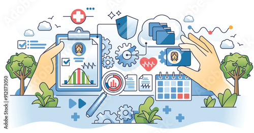 Health information management and online healthcare system outline concept. Database platform with patient profile about diagnosis, treatment, prescriptions and medications vector illustration.