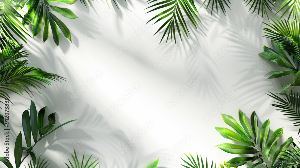 Obraz premium White background with tropical foliage shadows. Summer tropical travel concept