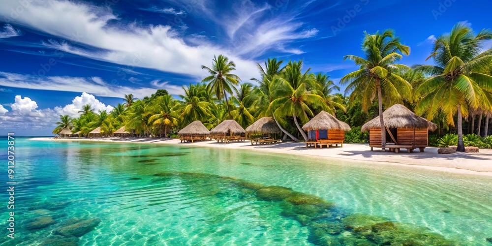 Obraz premium Tropical paradise escape with white sandy beach, palm trees, crystal clear water, and colorful huts, paradise