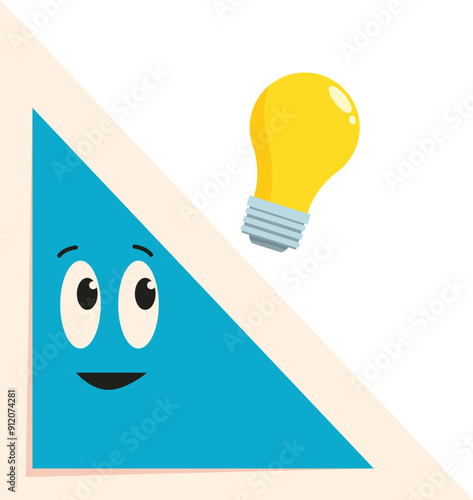 Cartoon illustration of a happy blue triangle looking intrigued at a light bulb symbolizing a new idea