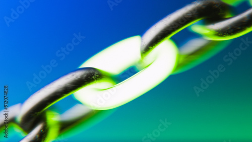 Close-up of Metal Chain with One Glowing Green Link