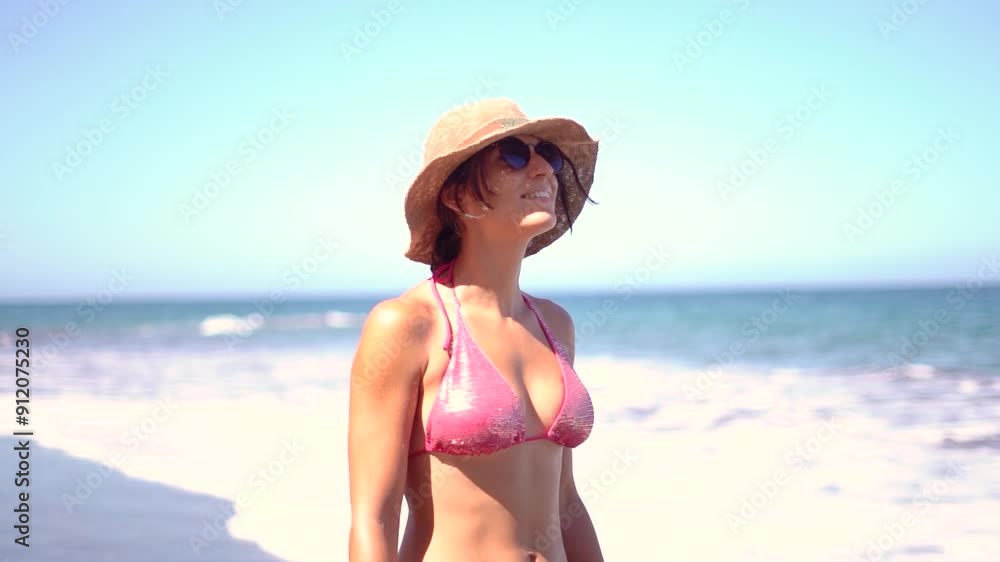 Young woman on bikini relaxing unwind at the beach scenic seashore coastline on summer Young woman on bikini relaxing unwind at the beach scenic seashore coastline on summer