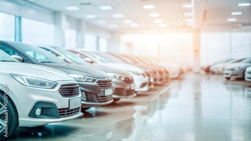 Row of brand new cars in a spacious showroom

