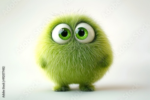 Cute and Fuzzy Green Monster Cartoon Character with Big Expressive Eyes
