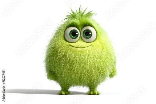 The cute and fuzzy green monster with big eyes and a happy smile is a playful and colorful cartoon