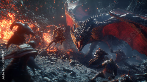 Fantasy Warriors Battling a Dragon
