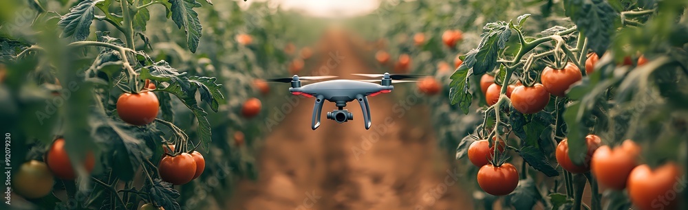 Drone Flying Over Ripe Tomatoes in a Greenhouse, Agriculture Technology for Smart Farming Drone Flying Over Ripe Tomatoes in a Greenhouse, Agriculture Technology for Smart Farming