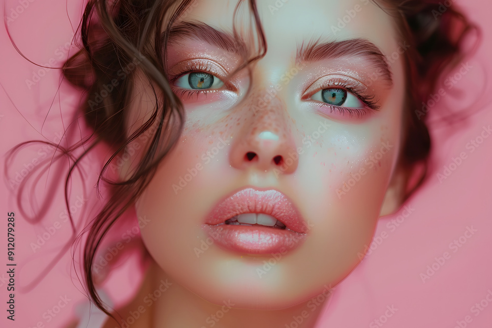 custom made wallpaper toronto digitalBeautiful woman with pink pastel lips and brown eye shadow on the pink background