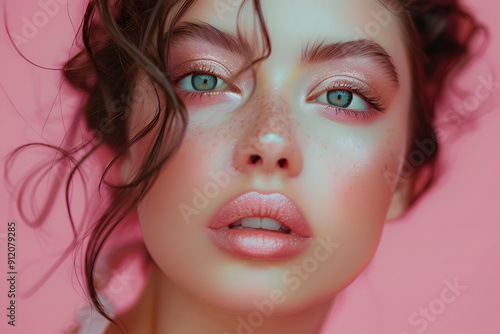 Wallpaper Mural Beautiful woman with pink pastel lips and brown eye shadow on the pink background Torontodigital.ca
