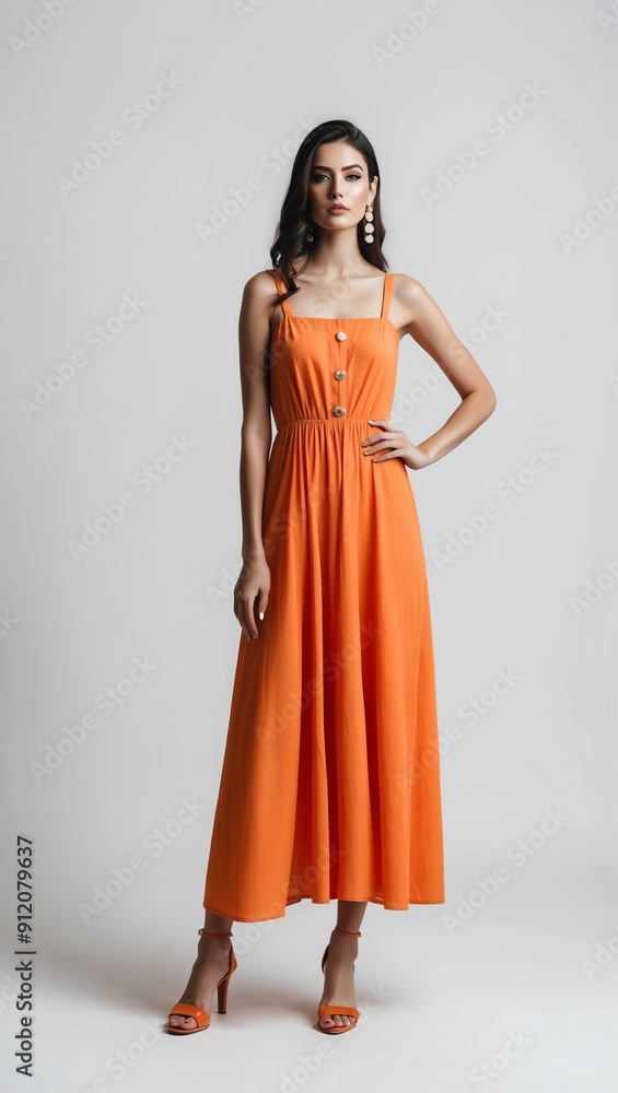 woman in orange summer dress on white plain background pictorial model shoot portrait woman in orange summer dress on white plain background pictorial model shoot portrait