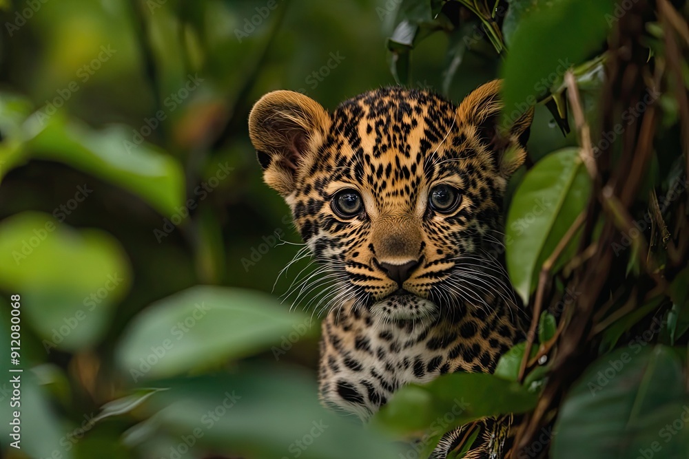 Naklejka premium Close-up leopard cub portrait in jungle with vines
