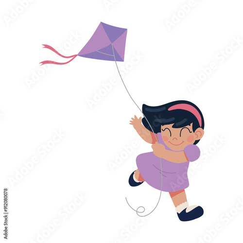 happy girl flying kite
