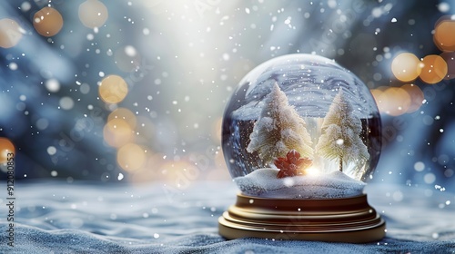 Snow Globe with Winter Scene against Blurred Festive Background Christmas Decoration Glass Sphere Magical Holiday Ornament Glowing Bokeh Lights
