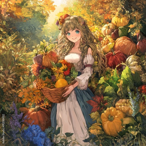 Autumn's Palette: A High-Detail Hand-Drawn Illustration Embracing the Season's Magic with a Tapestry of Colors and the Bounty of Harvest in Anime Style. photo