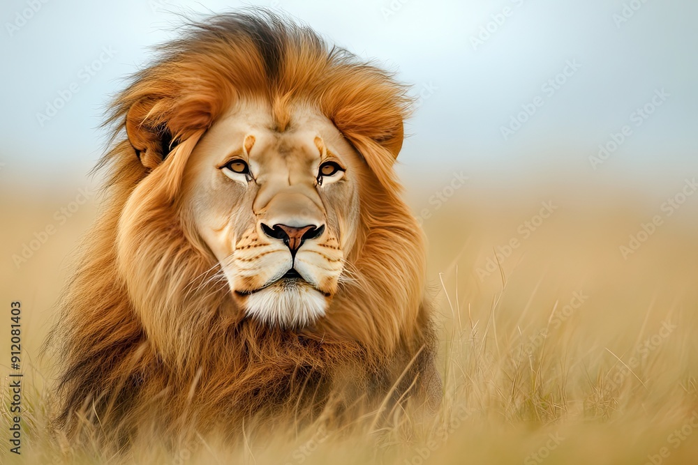 Close-up lion portrait in savannah with grass Close-up lion portrait in savannah with grass