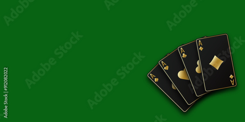 Green Poker or Casino table background. A hand fanned of playing cards consisting Ace of Spades, Diamonds, Clubs, Hearts. Vector illustration Casino or Poker of all the aces.