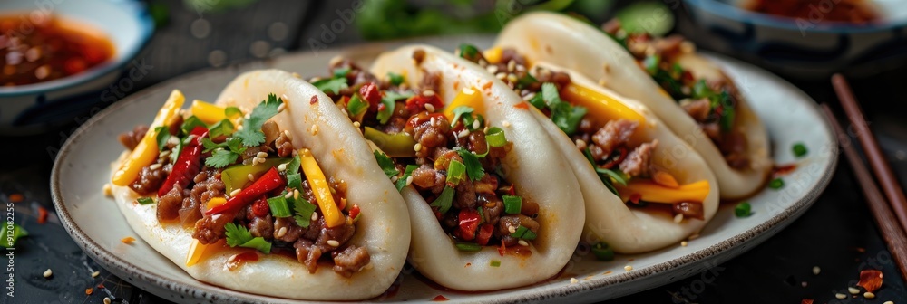 Gua bao filled with meat cheese and vegetables served on a plate Gua bao filled with meat cheese and vegetables served on a plate