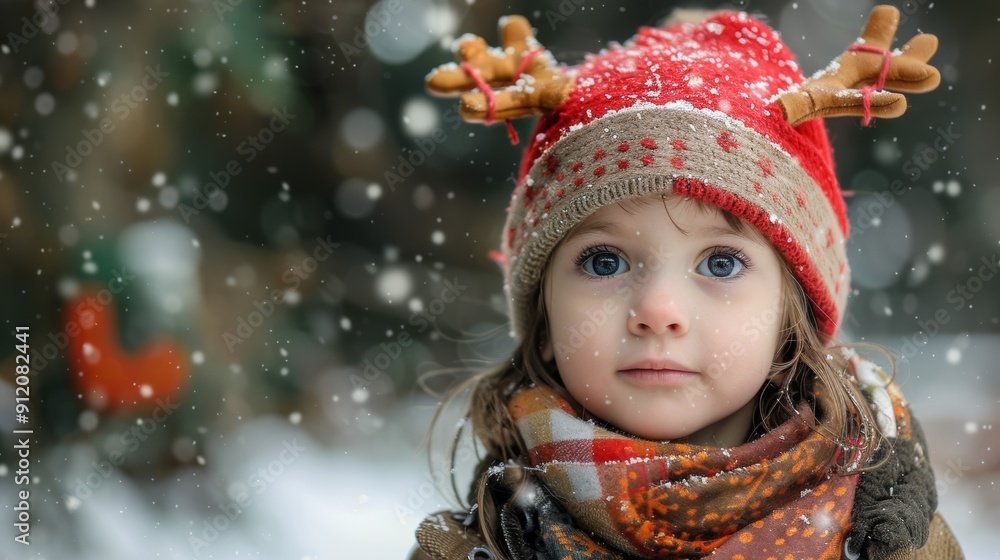 A cheerful child wearing a festive hat with antlers, surrounded by falling snow, capturing the joy of winter and holiday spirit. A cheerful child wearing a festive hat with antlers, surrounded by falling snow, capturing the joy of winter and holiday spirit.