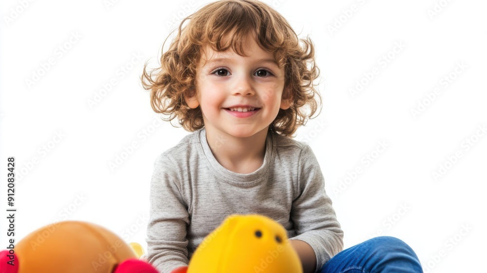 Happy child sitting with toys isolated on white background. Happy child sitting with toys isolated on white background.