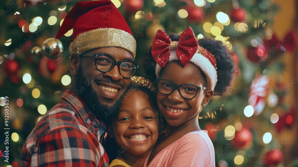 A joyful family celebration with a father and two daughters, enjoying the festive spirit by a beautifully decorated Christmas tree. A joyful family celebration with a father and two daughters, enjoying the festive spirit by a beautifully decorated Christmas tree.