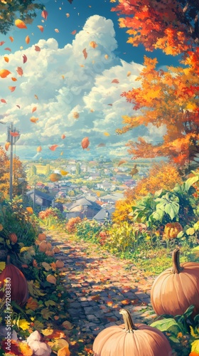 Autumn's Palette: A High-Detail Hand-Drawn Illustration Embracing the Season's Magic with a Tapestry of Colors and the Bounty of Harvest in Anime Style. photo